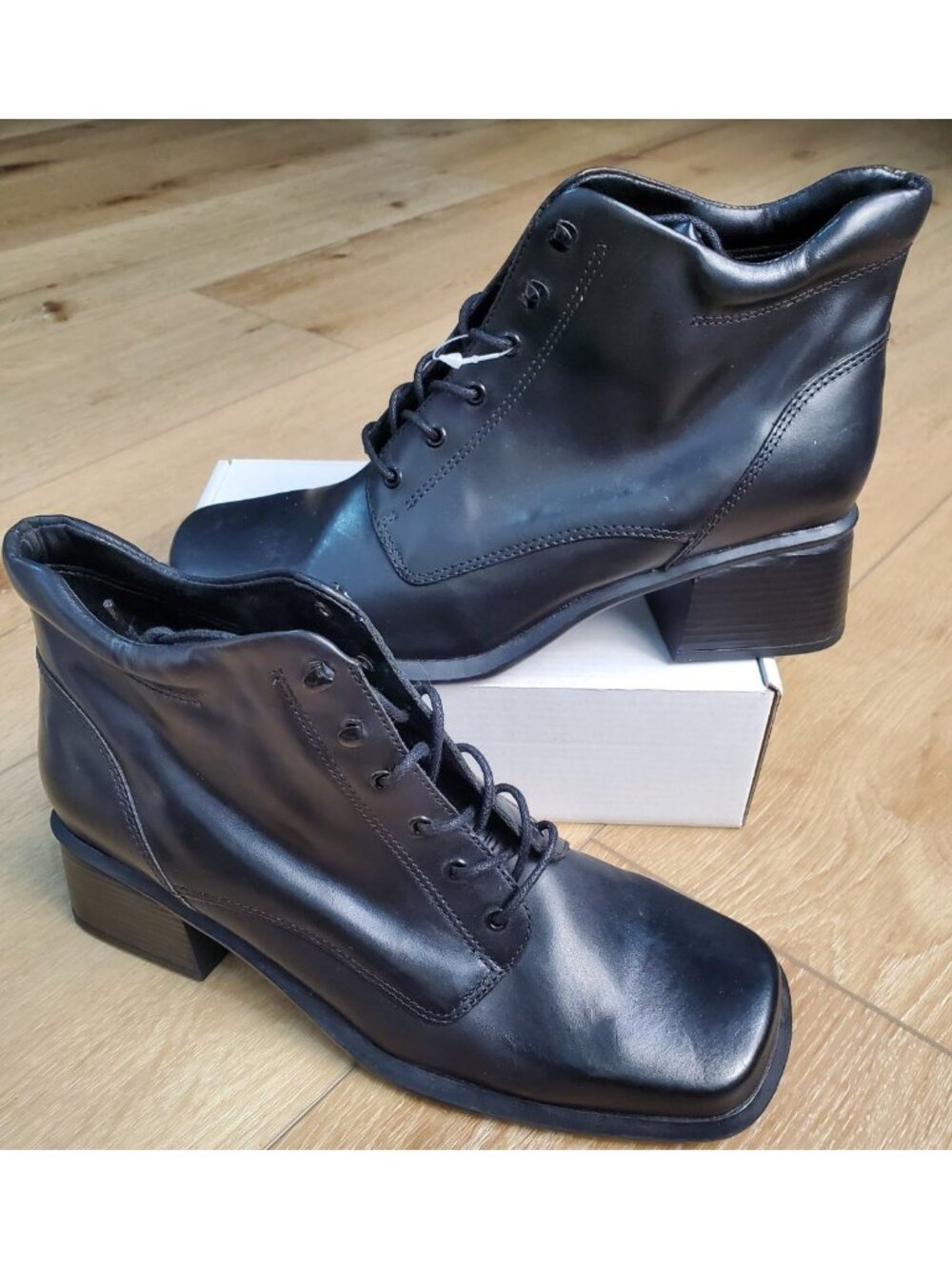 Vtg 90s Thom McAn Black Leather Boots Ankle Chunky Block Heel Square Toe Size 10
